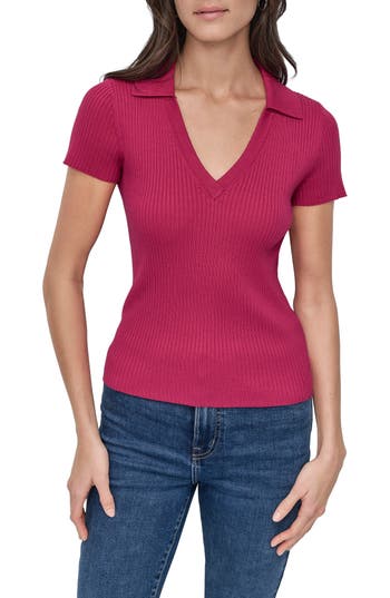 Dkny Jeans Short Sleeve Rib Polo Sweater In Pink