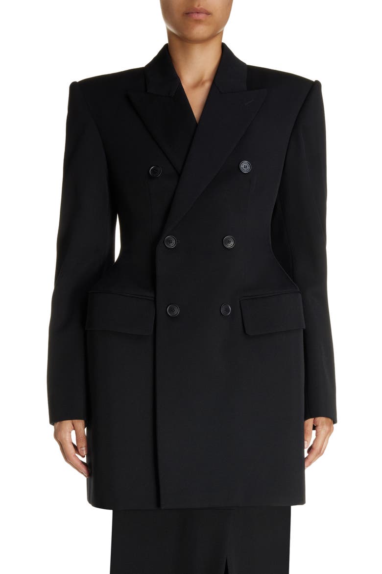 Clinched Hourglass Double Breasted Wool Gabardine Blazer, Main, color, BLACK