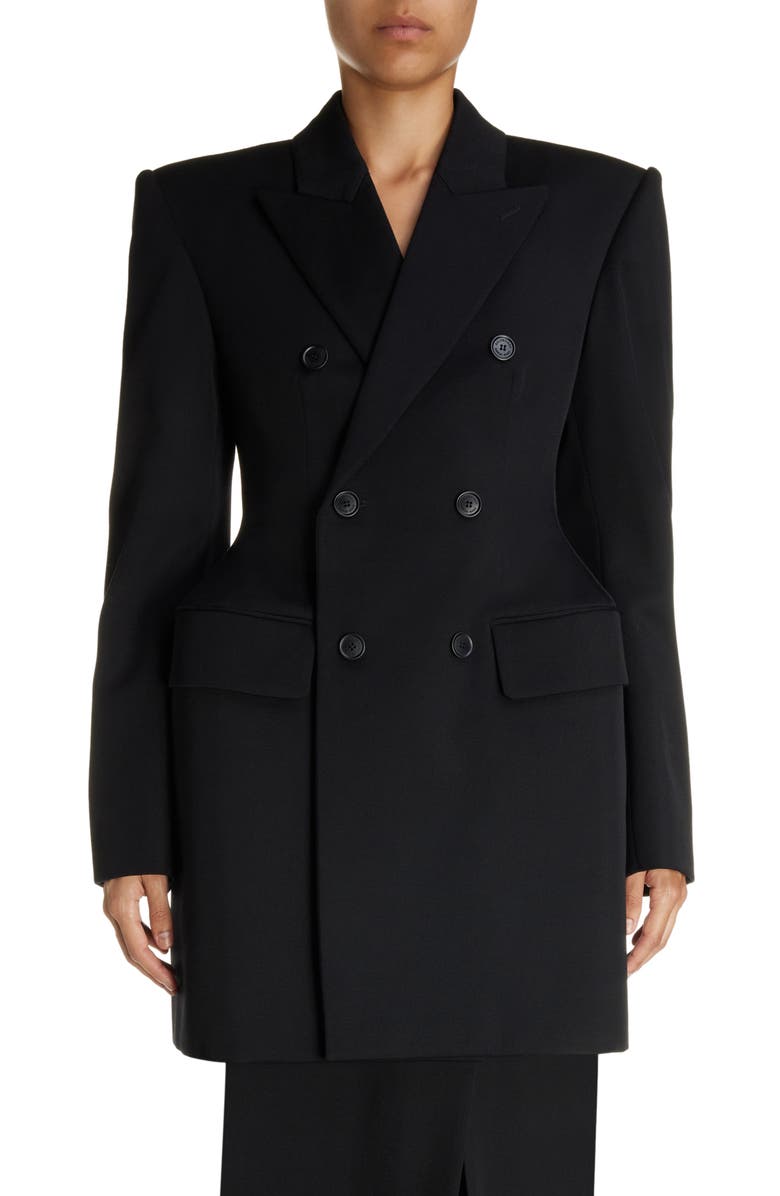 Balenciaga Clinched Hourglass Double Breasted Wool Gabardine Blazer, Main, color,