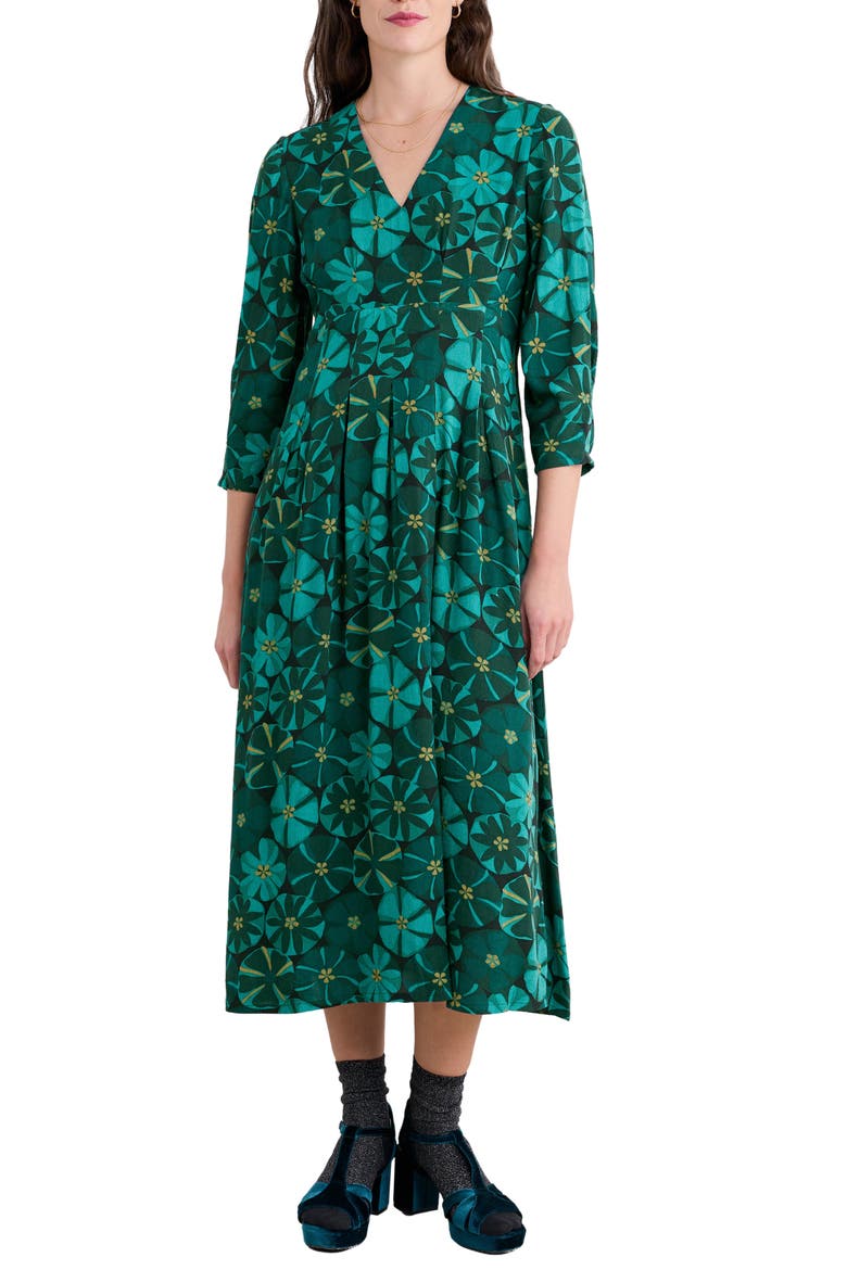 Etta Floral Pleated Midi Dress, Alternate, color, HANDICRAFT FLOWERS ONYX