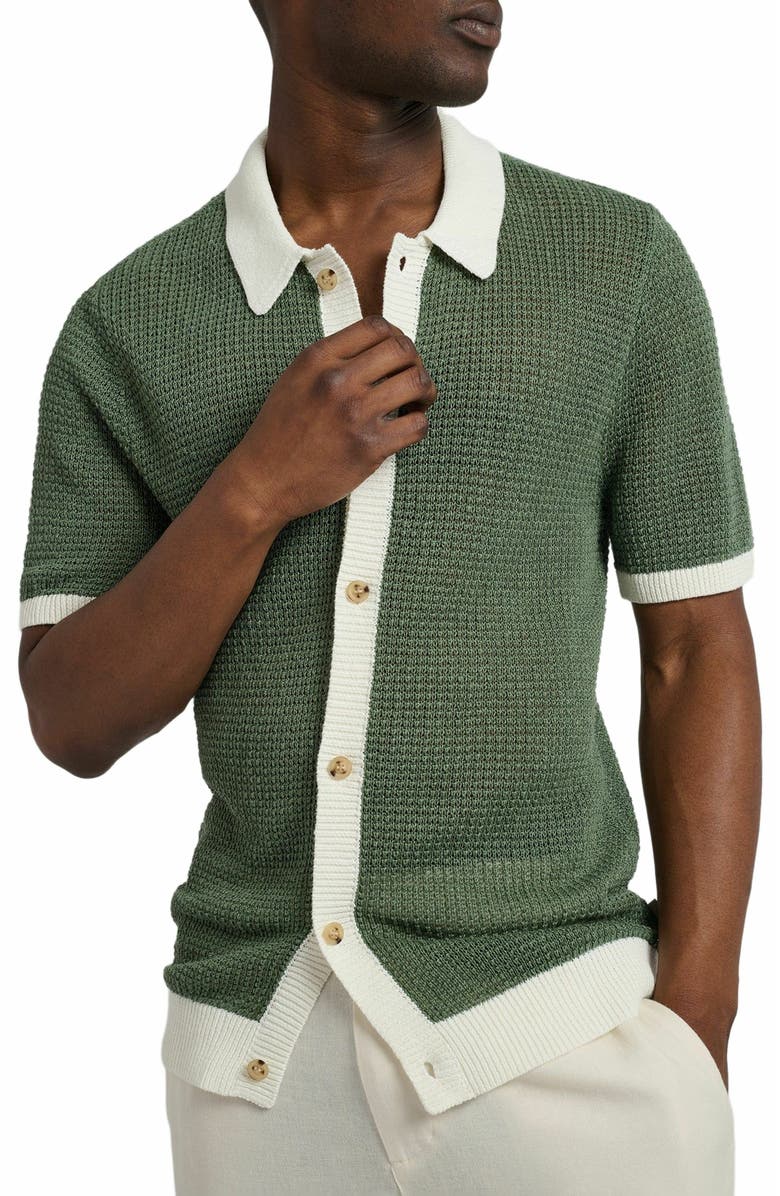 Onia Linen Short Sleeve Button Up Sweater, Alternate, color, Seaspray/White