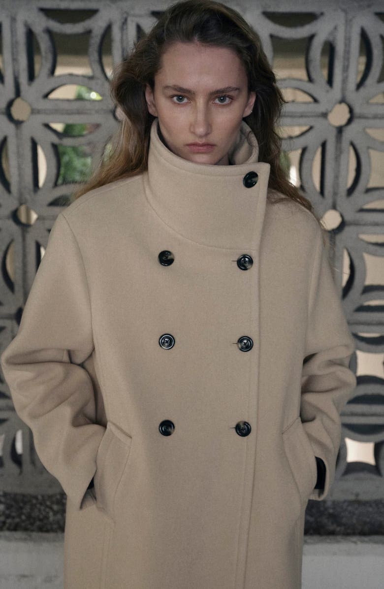MANGO Double Breasted Stand Collar Coat, Alternate, color, Vanilla