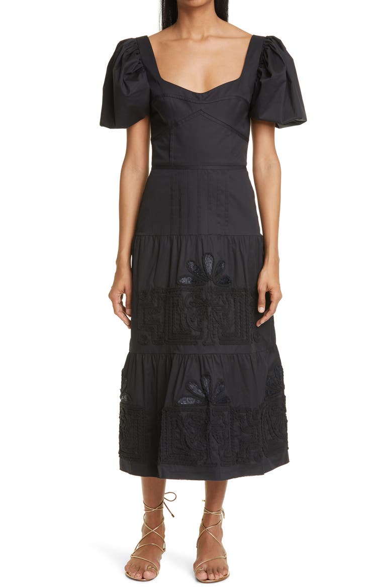 Unchanging Legacy Embroidered Puff Sleeve Dress, Main, color, BLACK
