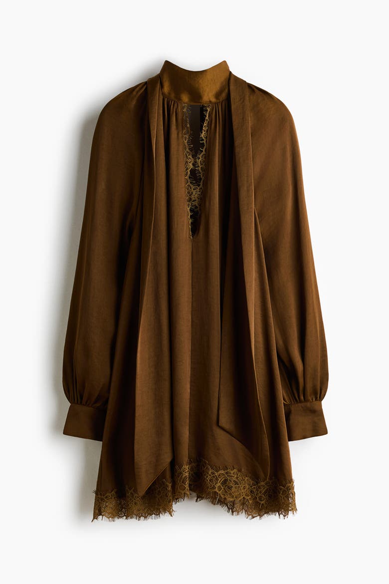 Lace-Trimmed Balloon-Sleeved Dress, Alternate, color, Dark khaki green