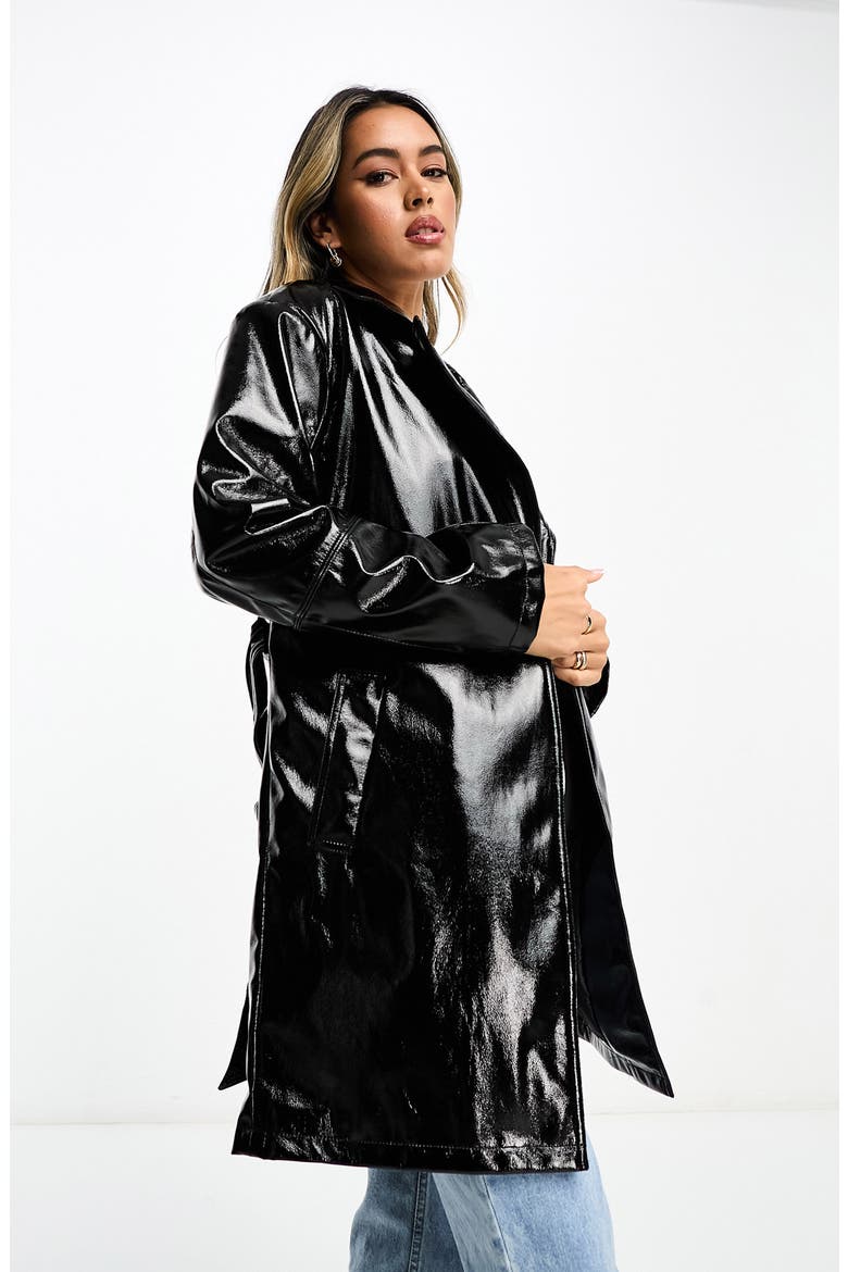 Belted Faux Leather Coat, Alternate, color, BLACK