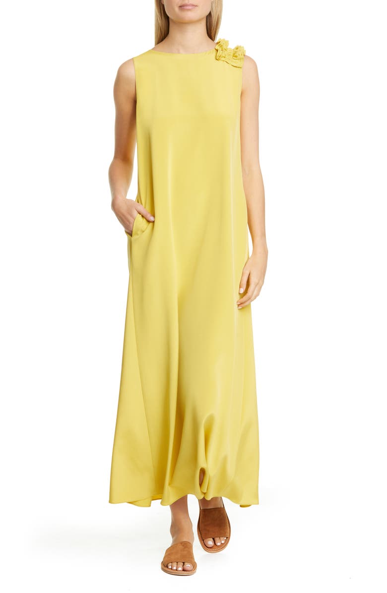 Lafayette 148 New York Francesca Ruffle Shoulder Stretch Silk Maxi Dress, Main, color,