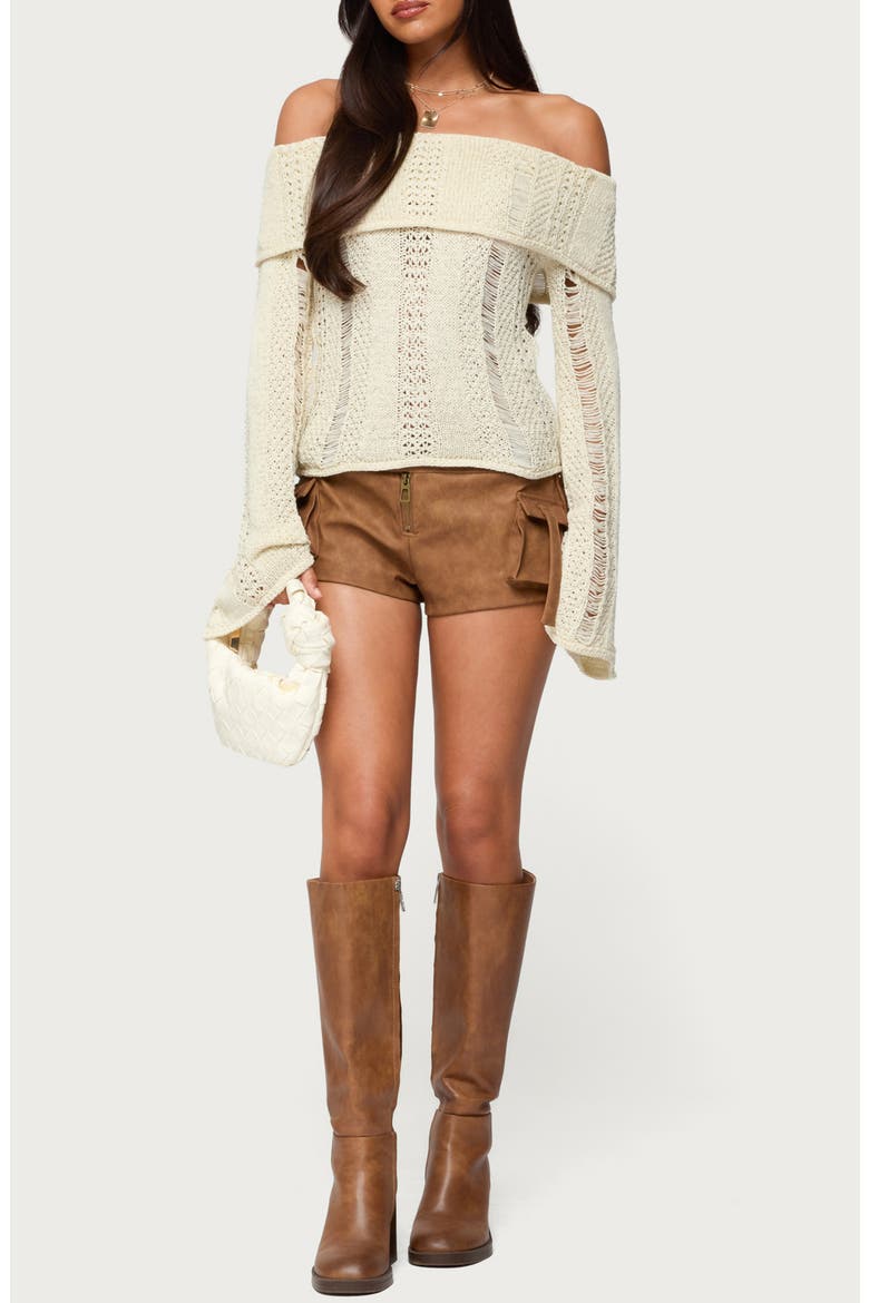 Distressed Foldover Off the Shoulder Sweater, Alternate, color, CREAM