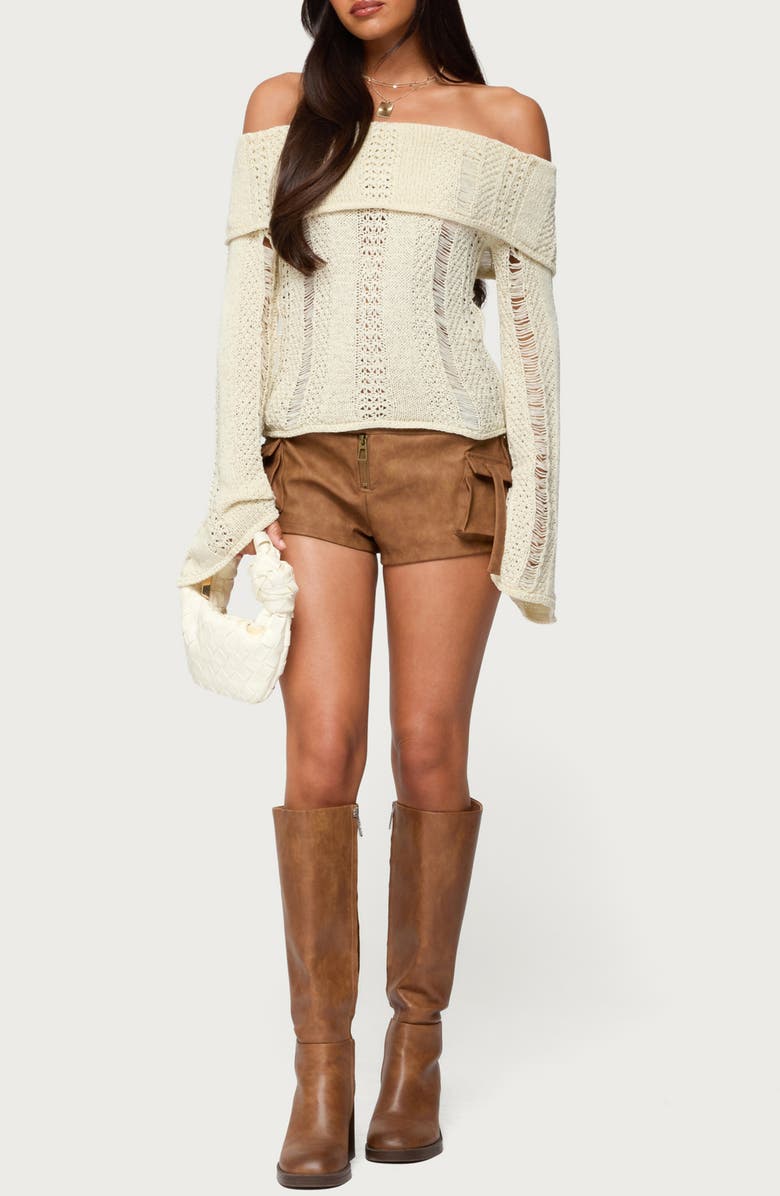 EDIKTED Distressed Foldover Off the Shoulder Sweater, Alternate, color, Cream