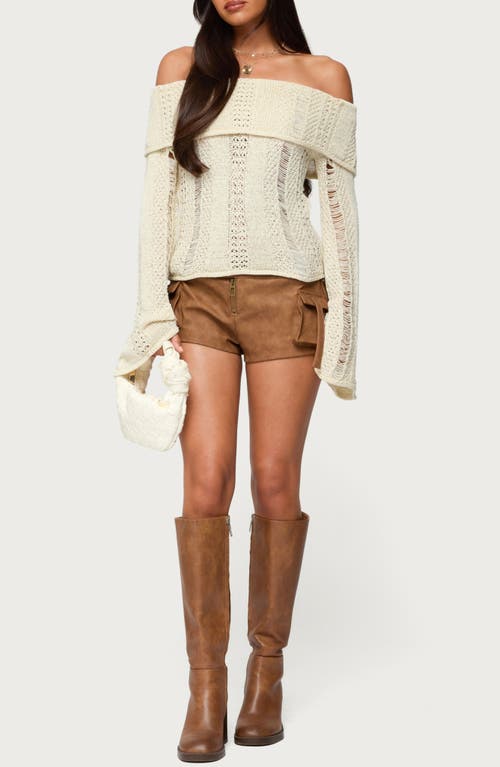 Edikted Distressed Foldover Off The Shoulder Sweater In White