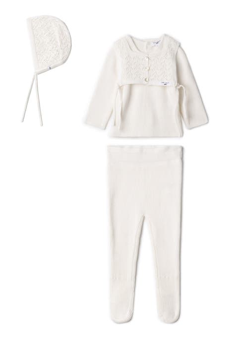 Lace Knit Removable Bib & Back Button Top, Leggings and Bonnet Three-Piece Set
