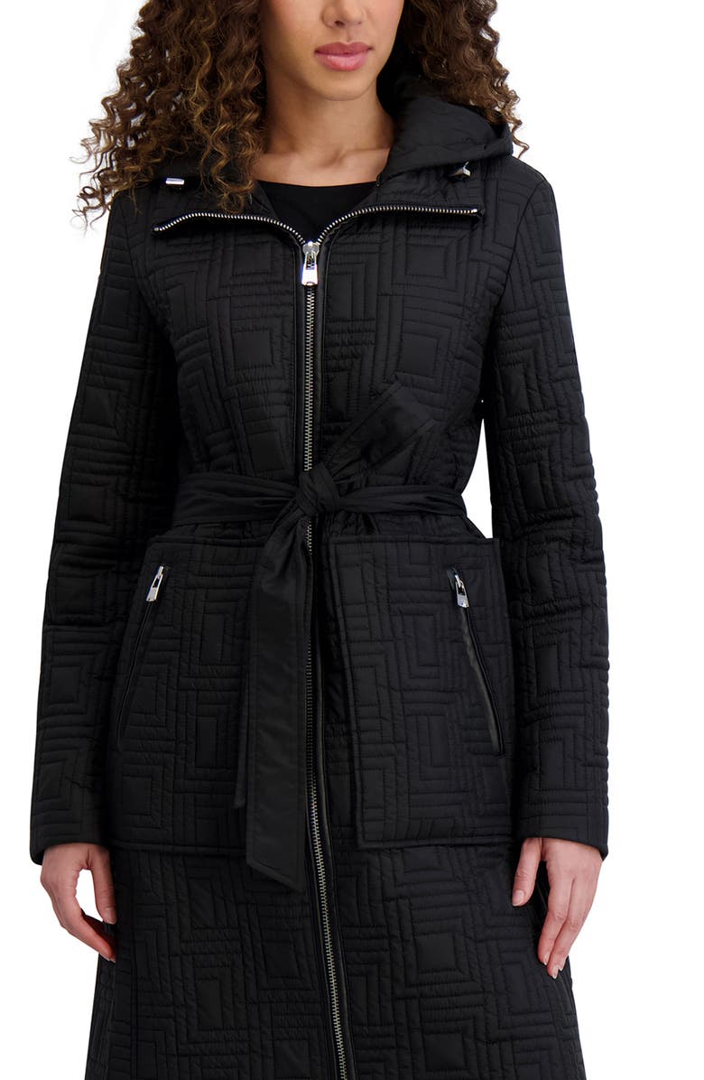 KARL LAGERFELD PARIS Hooded Belted Quilted Zip Jacket, Alternate, color, Black