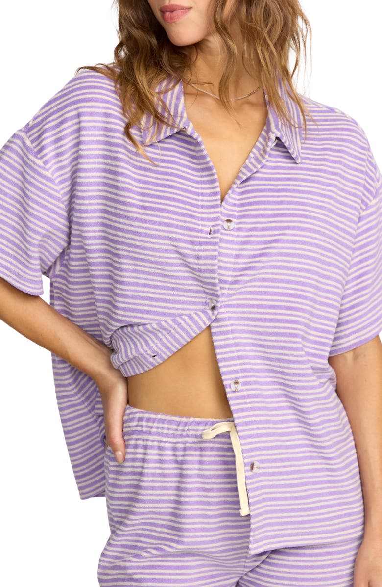 Billabong Josie Stripe Cotton Terry Cover-Up Shirt, Alternate, color, Purple Punch