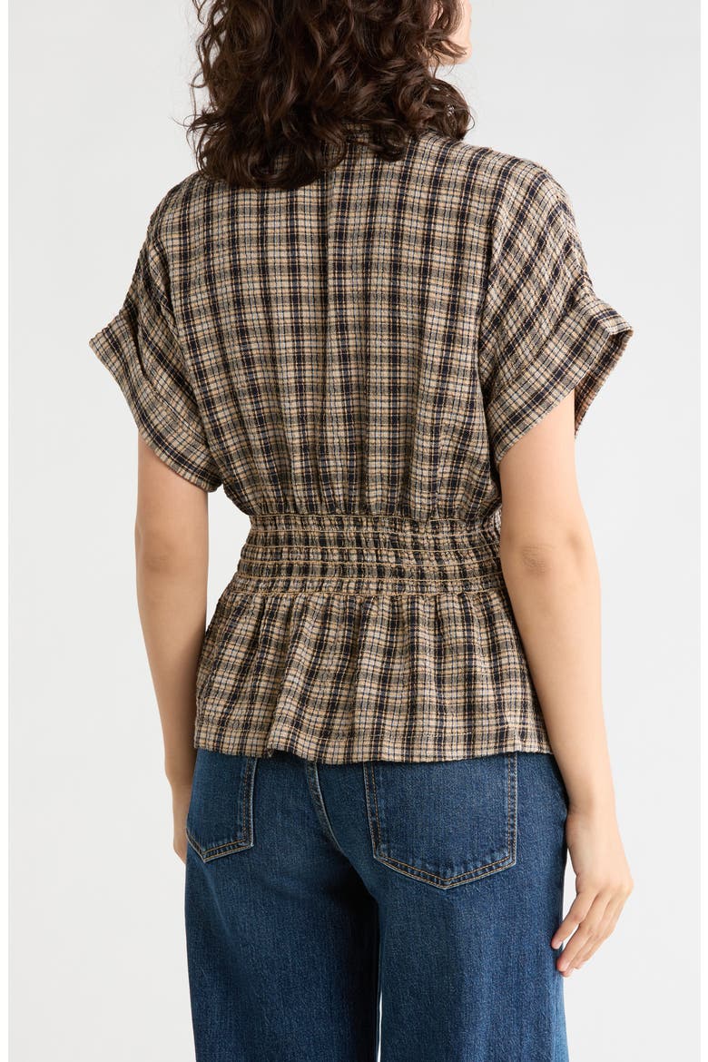 Plaid Pintucked Short Sleeve Shirt, Alternate, color, TAUPE/ BLACK/ BLUE PLAID