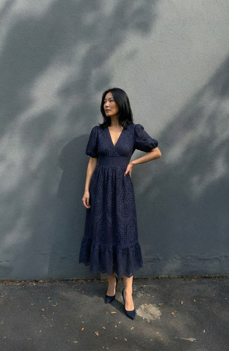 Modenaire Puff Sleeve Eyelet Smocked Midi Dress, Alternate, color, Navy Blue