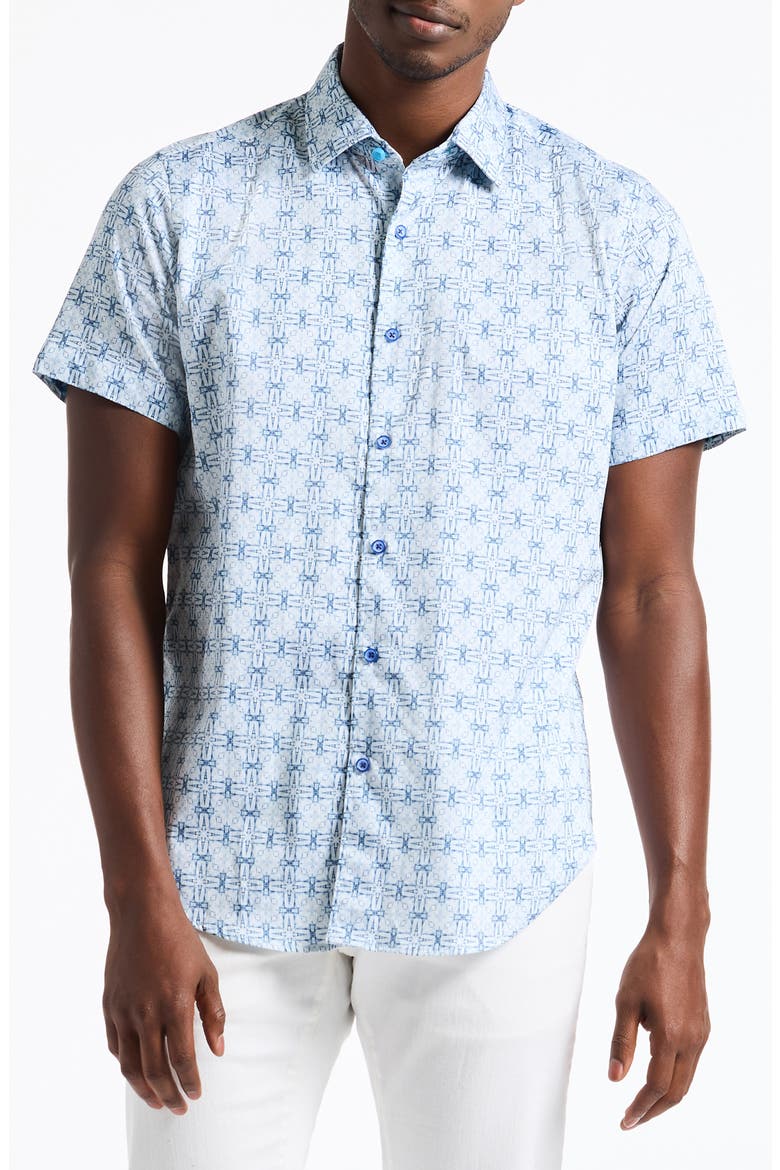 Madagascar Short Sleeve Stretch Cotton Button-Up Shirt, Main, color, BLUE