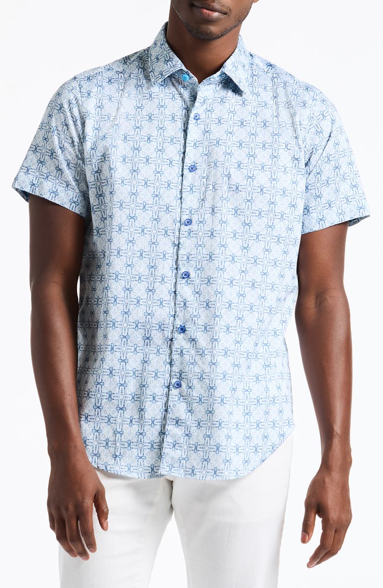 Robert Graham Madagascar Short Sleeve Stretch Cotton Button-Up Shirt, Main, color, Blue