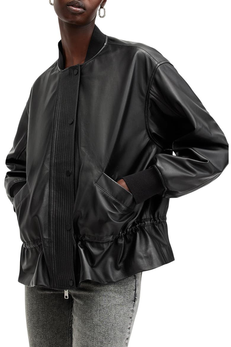 Sofi Leather Bomber Jacket, Alternate, color, BLACK