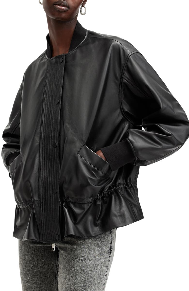 AllSaints Sofi Leather Bomber Jacket, Alternate, color, Black