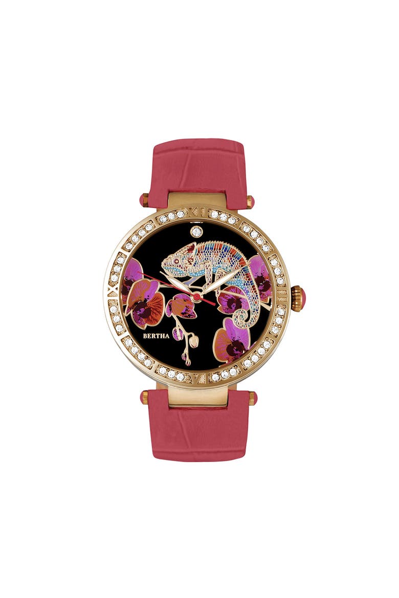 Camilla Mother-Of-Pearl Leather-Band Watch, Main, color, Coral