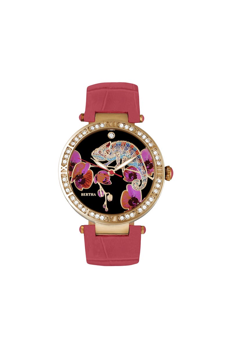 BERTHA Camilla Mother-Of-Pearl Leather-Band Watch, Main, color, Coral