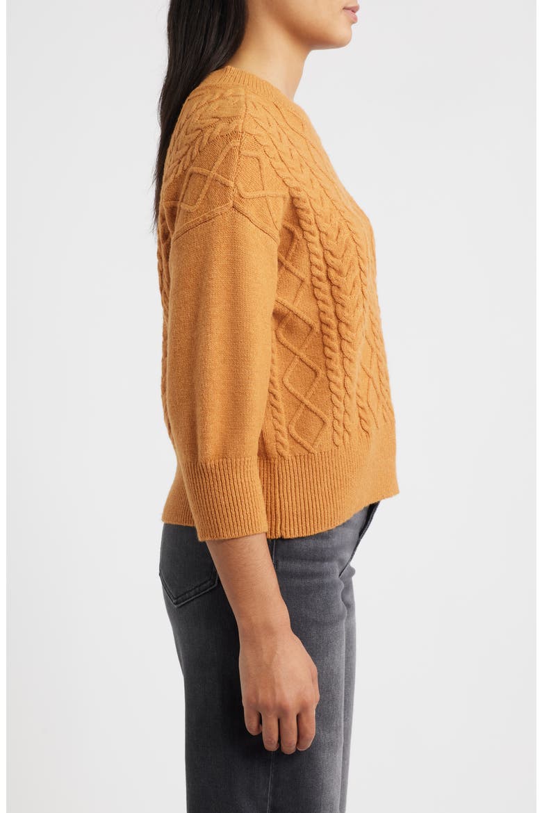 Three-Quarter Sleeve Cable Knit Sweater, Alternate, color, COGNAC