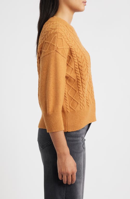 City Blues Three-quarter Sleeve Cable Knit Sweater In Brown