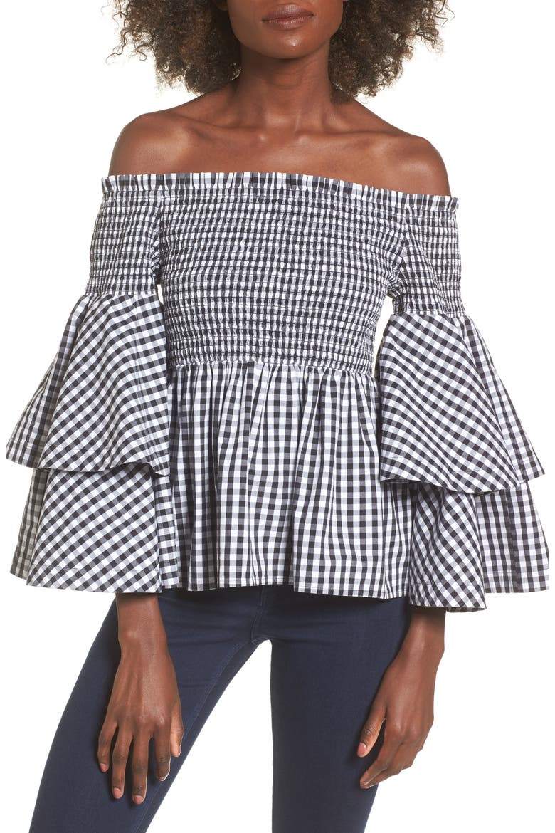 Ruffle Sleeve Off the Shoulder Top, Main, color, BLACK LEXI GINGHAM