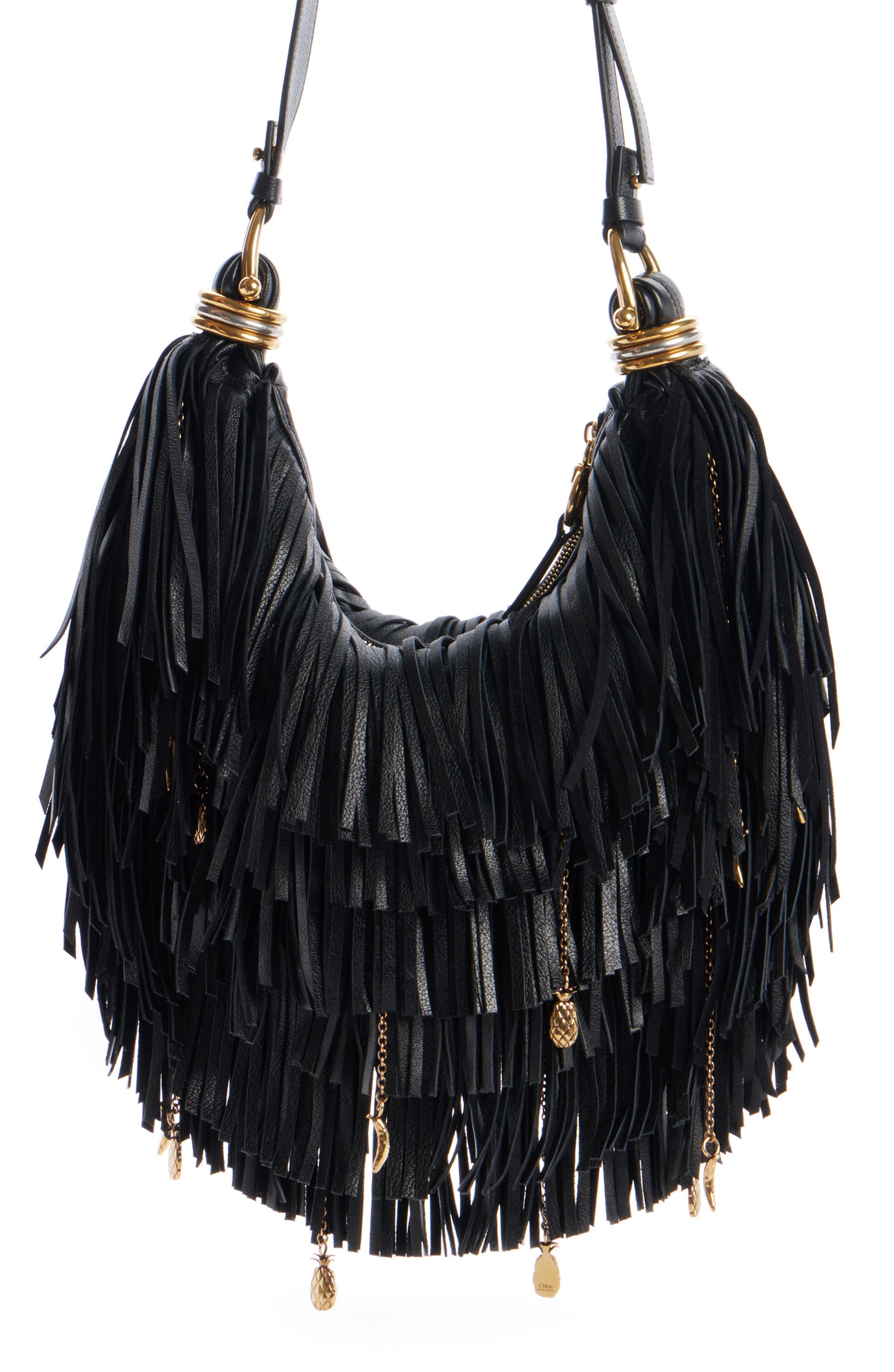 Fringe Charm Detail Bracelet Bag, Main, color, 001 BLACK