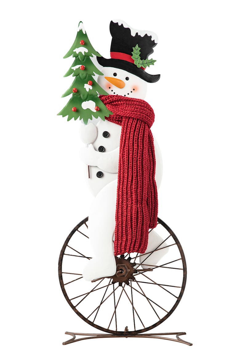 Metal Bike Wheel Snowman Porch Decor, Main, color, Green