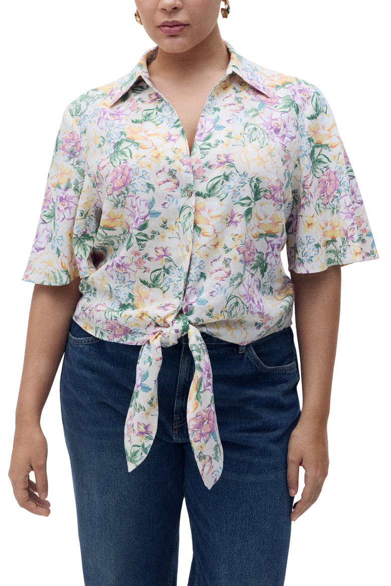 Floral Button-Up Linen Shirt, Alternate, color, ECRU