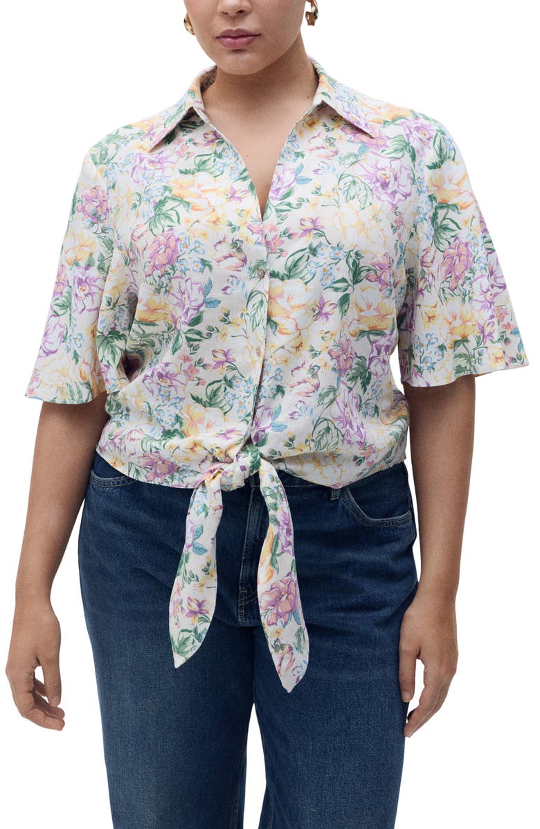 MANGO Floral Button-Up Linen Shirt, Alternate, color, 