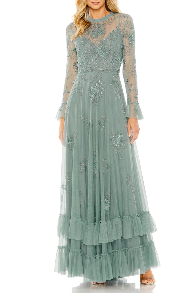 Beaded Embroidered Tulle Long Sleeve Gown, Main, color, Spruce