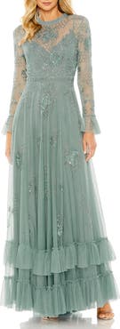Mac Duggal Beaded Embroidered Tulle Long Sleeve Gown