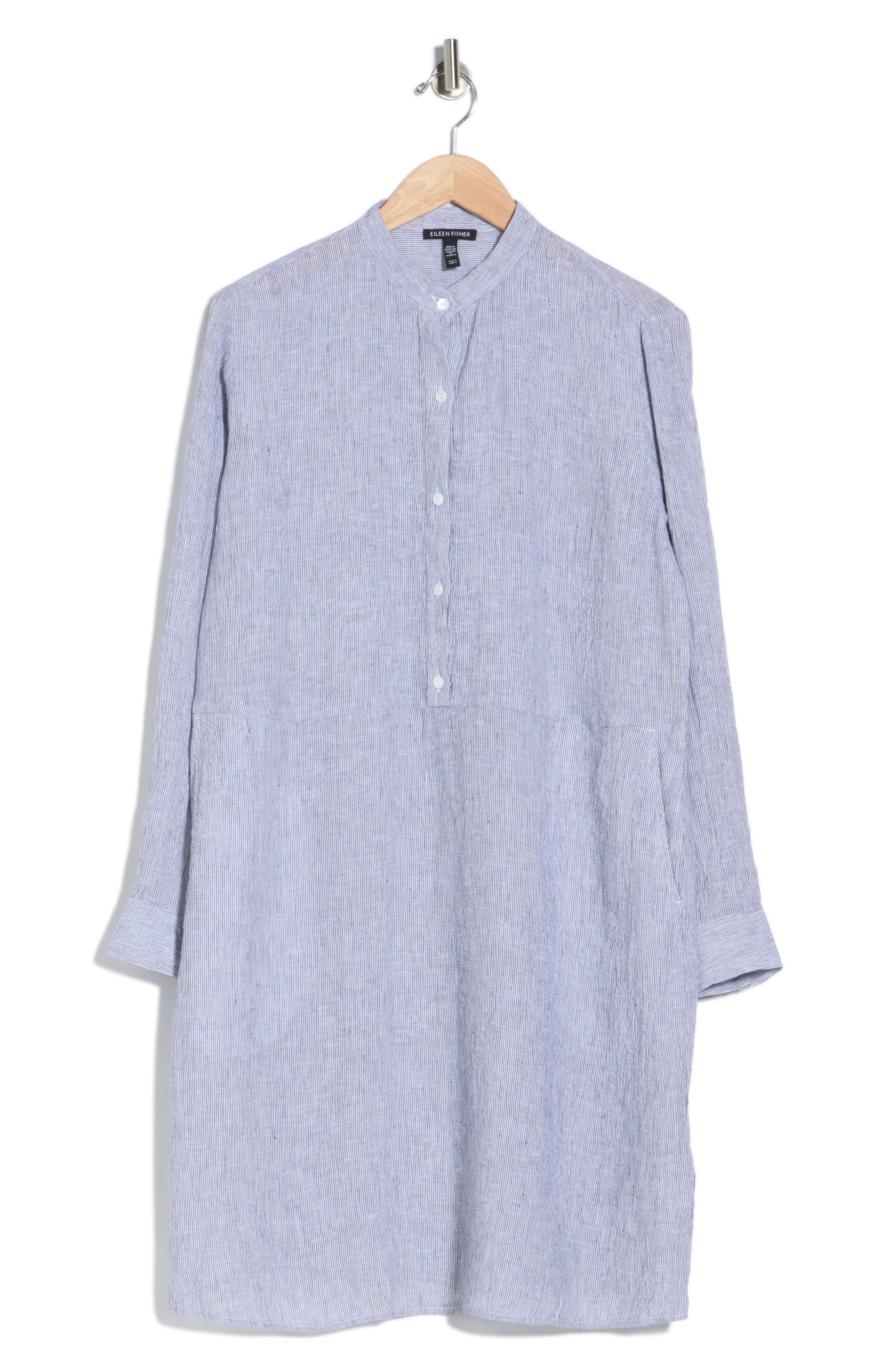 Eileen Fisher Stripe Long Sleeve Organic Linen Shirtdress