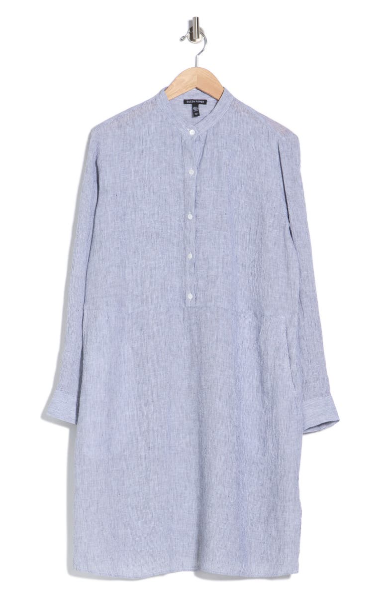 Eileen Fisher Stripe Long Sleeve Organic Linen Shirtdress, Main, color, Ink