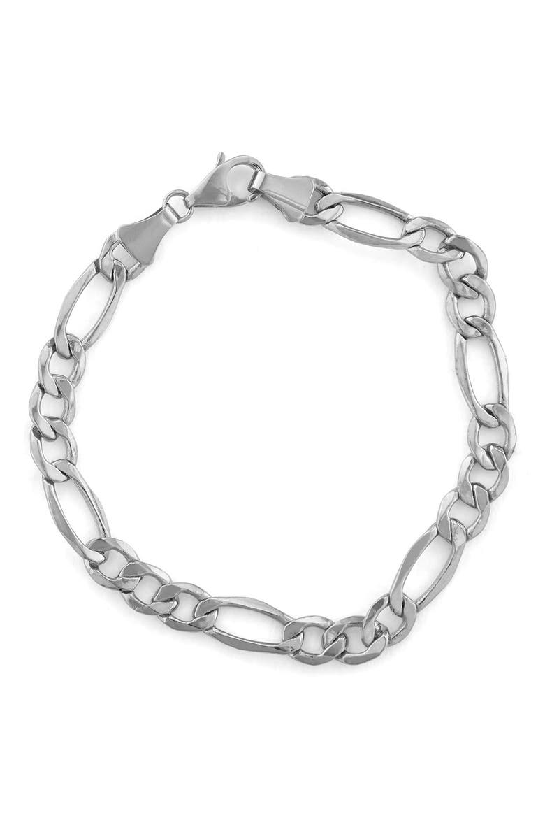 Sterling Silver Figaro Chain Bracelet, Main, color, WHITE