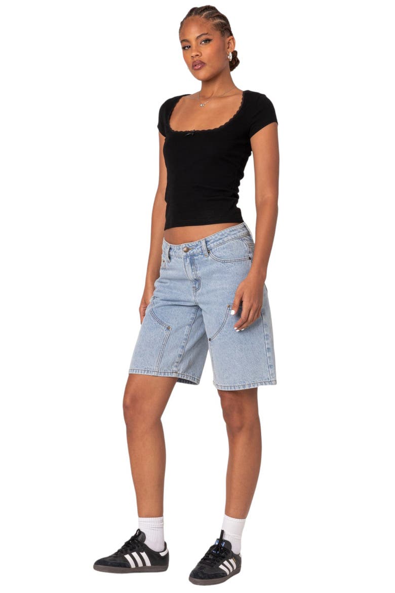 Priscilla Lace Trim Stretch Cotton Crop Top, Alternate, color, BLACK