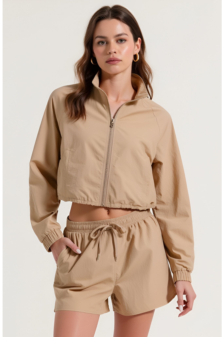 Cropped Zip Front Jacket and High Waist Drawstring Shorts Set, Main, color, Tan