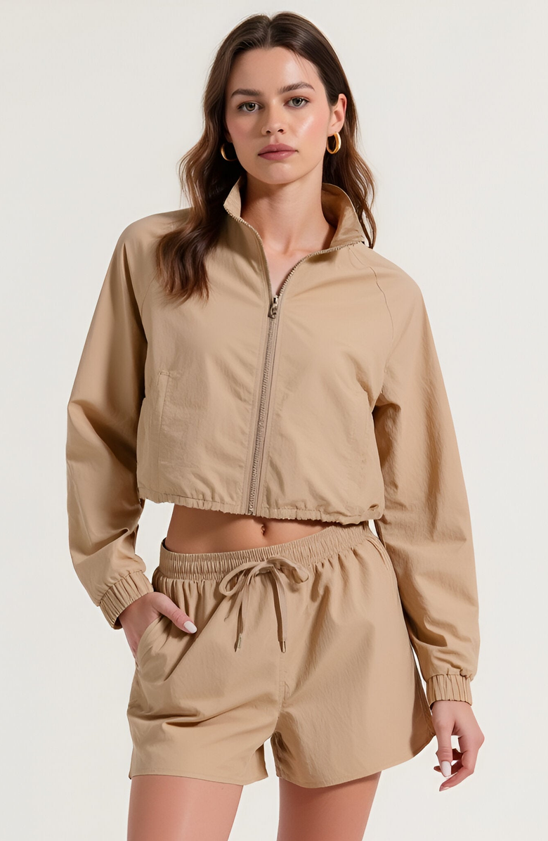 Modenaire Cropped Zip Front Jacket and High Waist Drawstring Shorts Set, Main, color, Tan