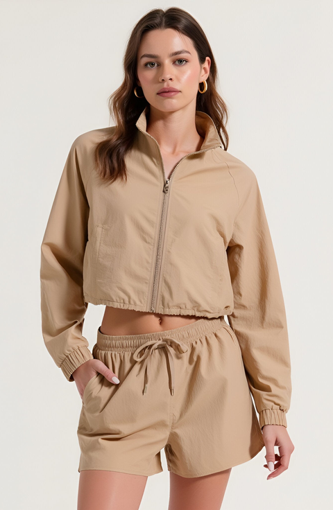 Cropped Zip Front Jacket and High Waist Drawstring Shorts Set