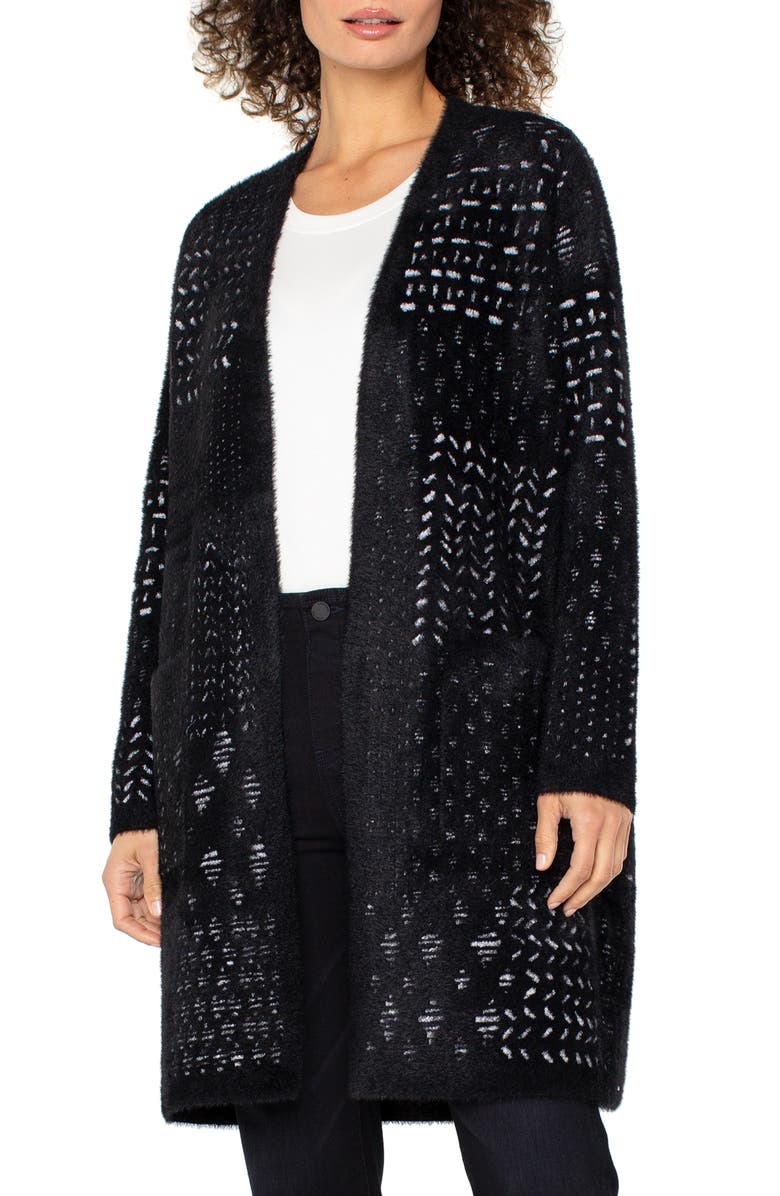 Liverpool Los Angeles Fuzzy Jacquard Sweater Coat, Main, color, Black/ White Patchwork