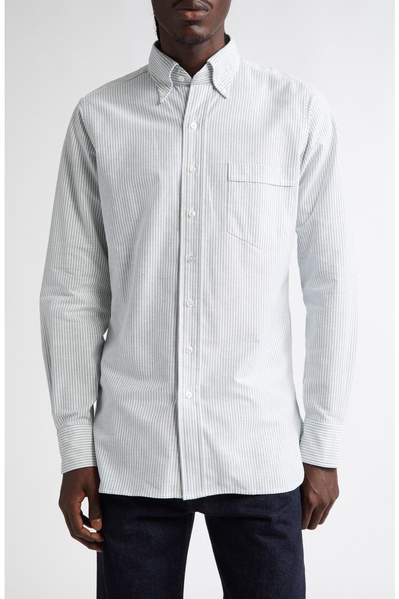 Ticking Stripe Oxford Button-Down Shirt, Main, color, GREEN