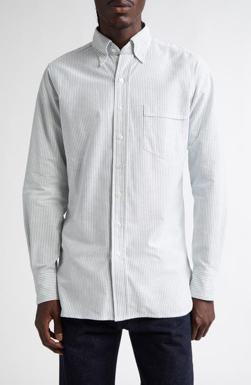 Drake's Ticking Stripe Oxford Button-Down Shirt in Green 