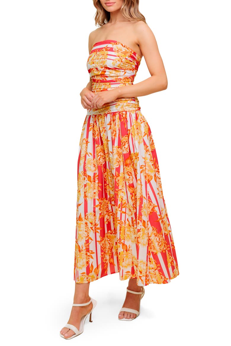 Floral Strapless Ruched Cotton Midi Dress, Alternate, color, STRAWBERRY