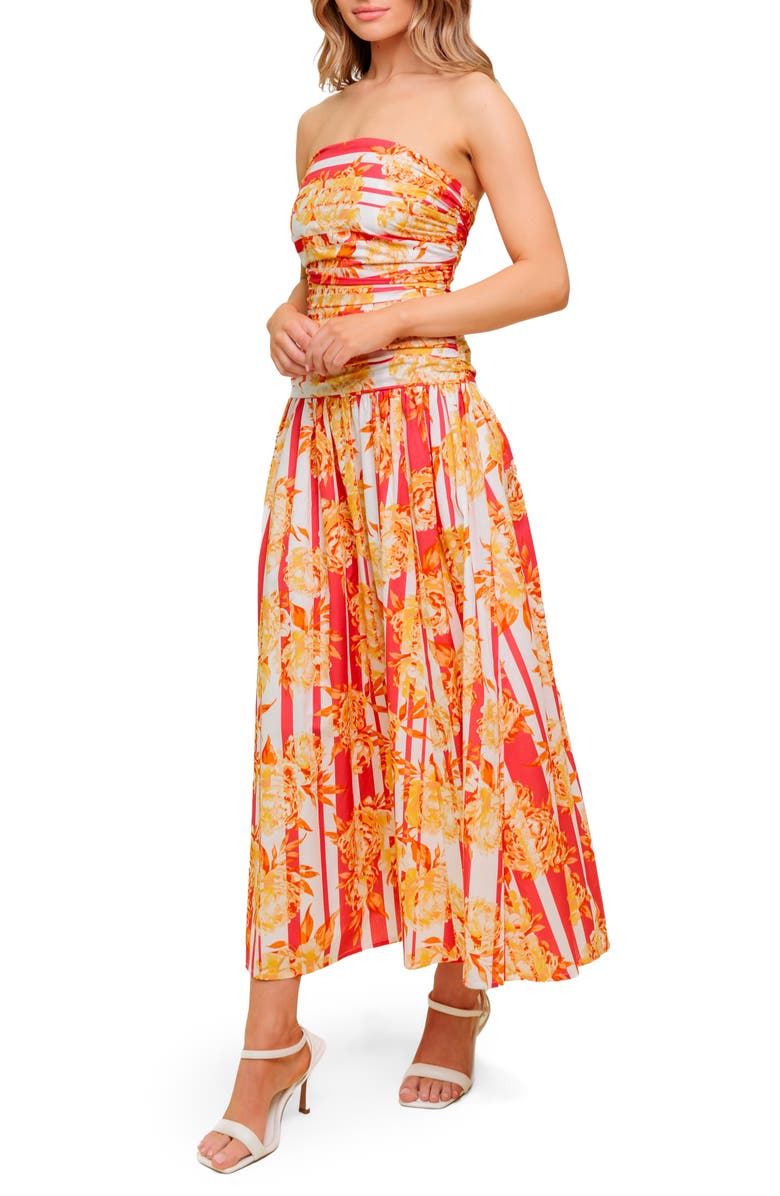 FLYING TOMATO Floral Strapless Ruched Cotton Midi Dress, Alternate, color, Strawberry