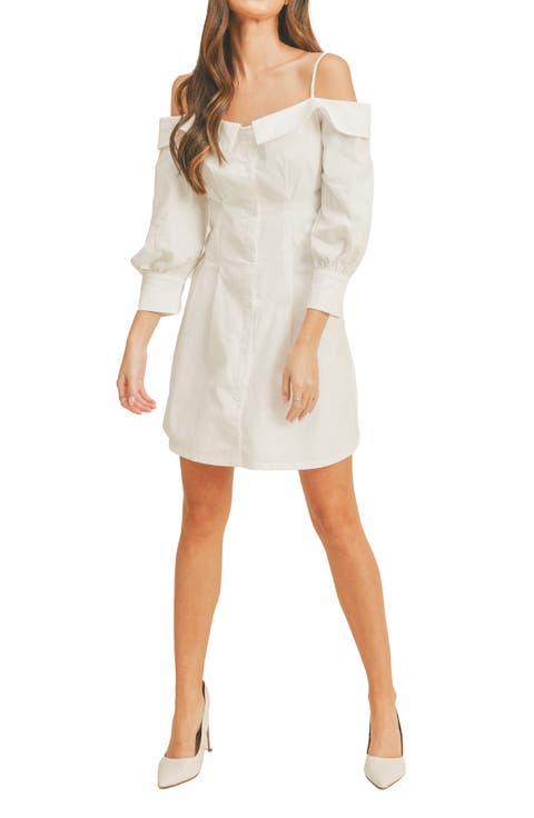 Cold Shoulder Stretch Cotton Poplin Mini Shirtdress