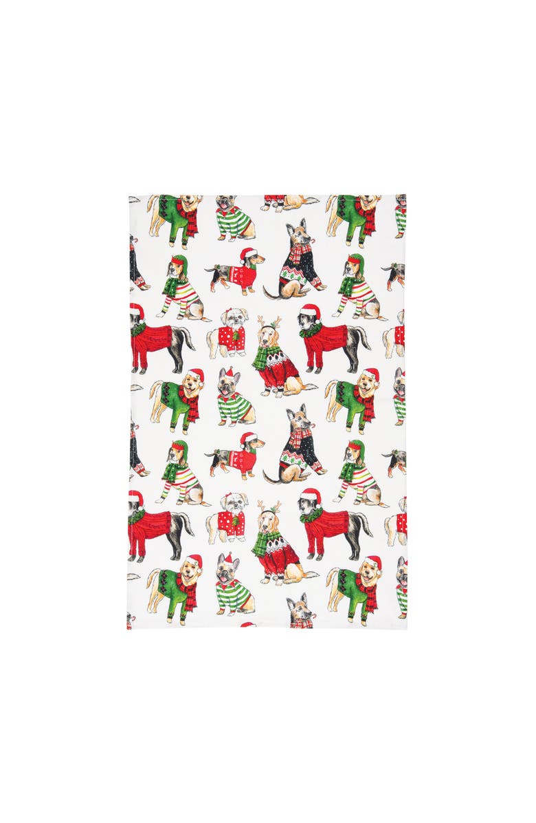 C&F Home Christmas Dogs in Sweaters & Santa Claus Hats Pattern Cotton Dishtowel, Main, color, White