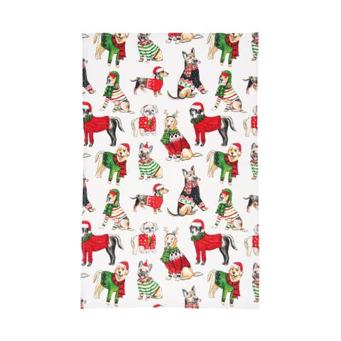 Christmas Dogs in Sweaters & Santa Claus Hats Pattern Cotton Dishtowel
