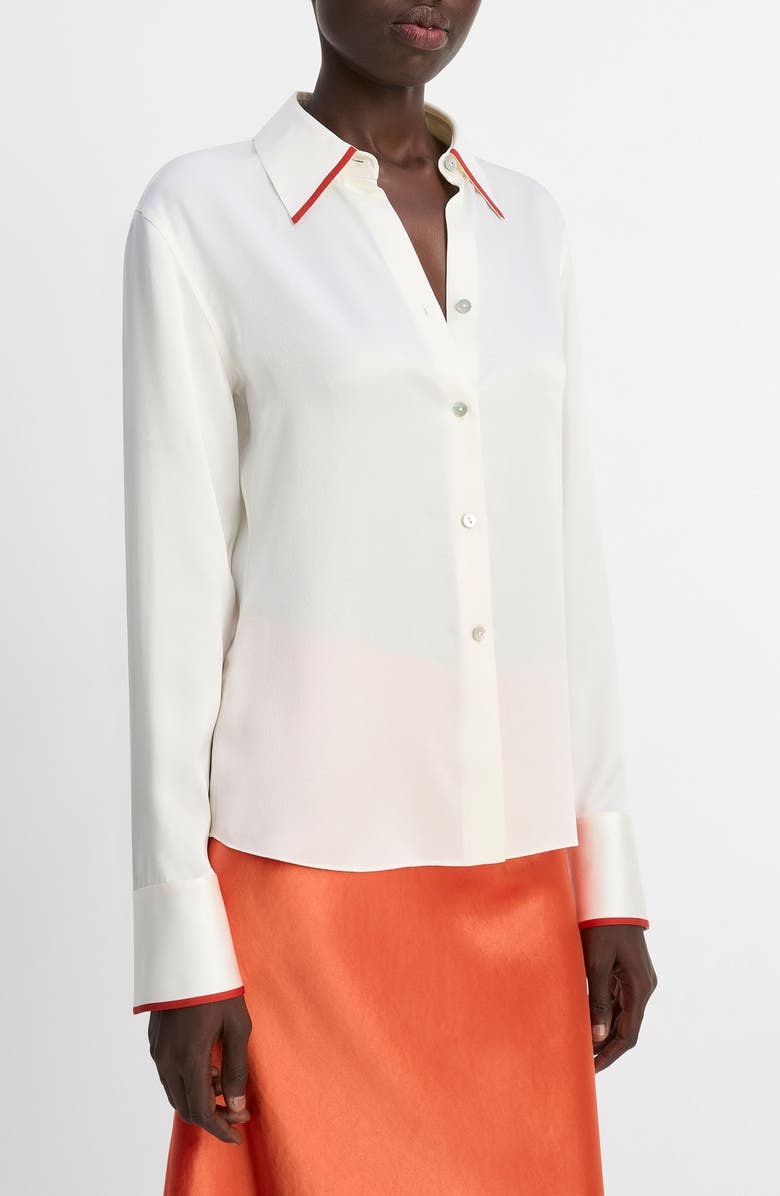 Vince Tipped Silk Button-Up Shirt, Alternate, color, Off White/ Brick Rose