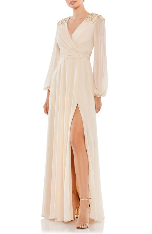 Mac Duggal Embellished Shoulder Blouson Sleeve Evening Gown In Porcelain